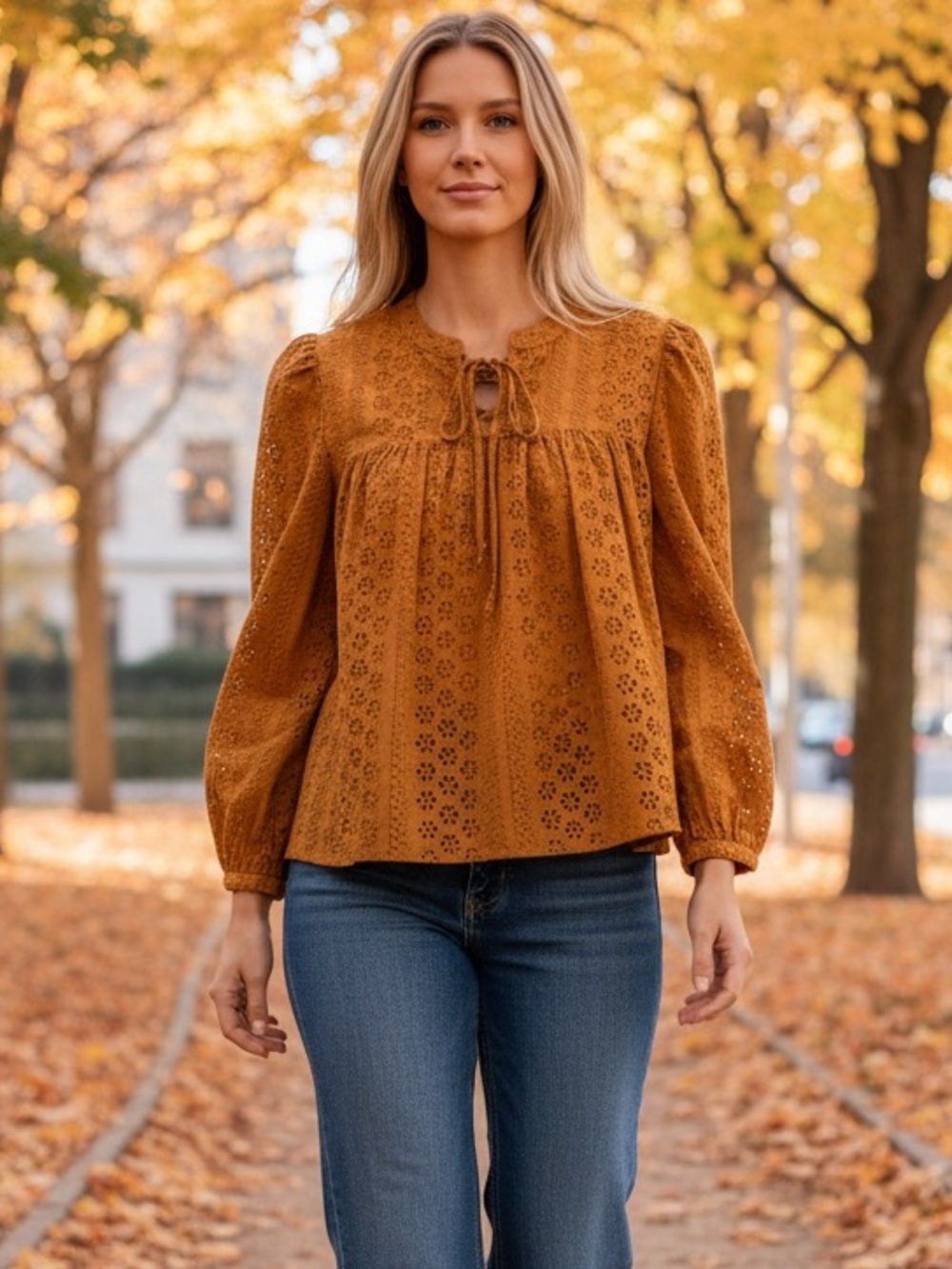 MADEWELL FALL EYELET PEASANT TOP TIE NECK BILLOWY SLEEVES CARAMEL COLOR Size XS